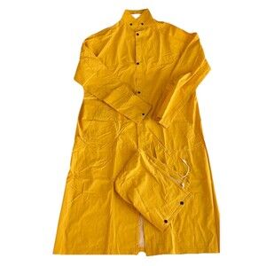 Long Yellow Waterproof PVC Safety Rain Coat Rain Jacket Double Button Size XL